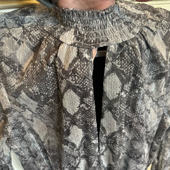 Wayf Revolve Women’s Snake Print Chiffon Keyhole Metallic Ruffle Mini Dress - Picture 7 of 13